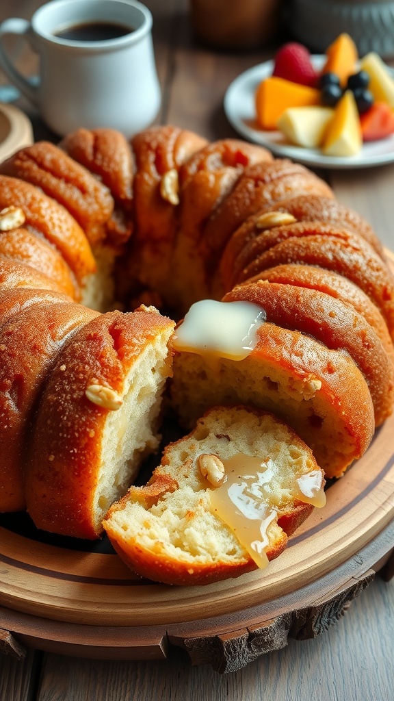 Easy Monkey Bread with Grands Biscuits A delicious monkey bread with cinnamon sugar, served on a wooden platter, with a rustic kitchen backdrop.
